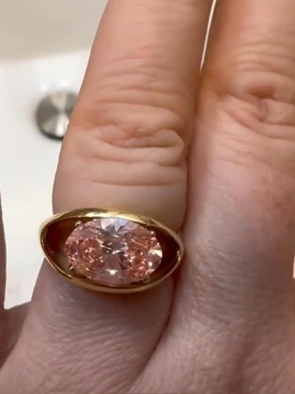 Pink 3 CT Oval Lab Grown Diamond 10k Yellow Gold Solitaire Ring